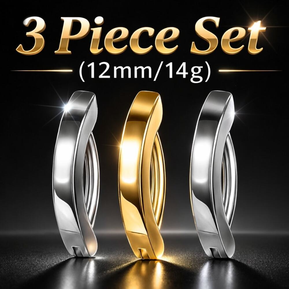 3 Pcs Silver & Gold 12mm Hypo Reverse Curve Clicker Belly Button Navel Ring 14g